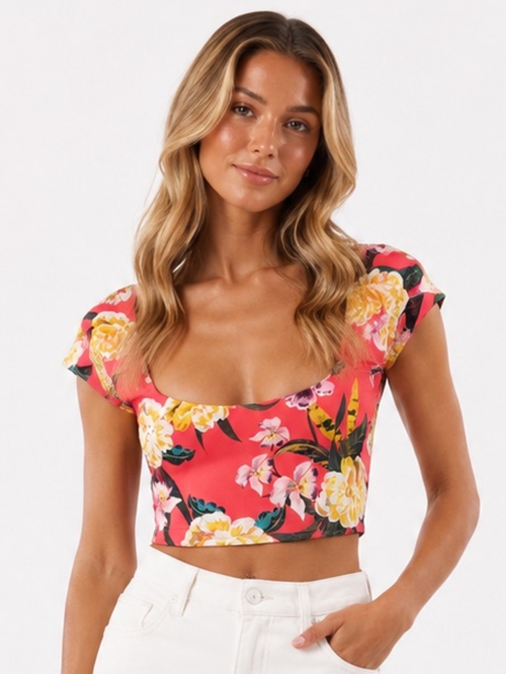 PrettyLittleThing Summery Coral Floral Scoop Crop Top Us8 Medium